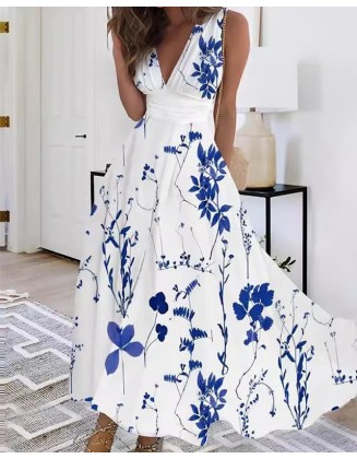 Printed V-neck Sleeveless High Waist Dress Women's Casual Dress Swing Dress Floral Print Maxi long Dress