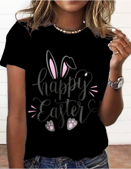 Rabbit Easter Letter Series 3d Printed T Shirt Ladies Casual Short Sleeved