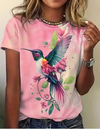 Rose Bird 3d Printed T Shirt Ladies Milk Silk Short Sleeves