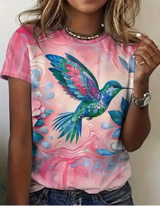 Rose Bird 3d Printed T Shirt Ladies Milk Silk Short Sleeves