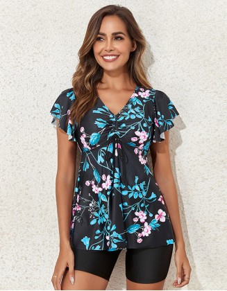 Ruffle Design Printed Tankinis V Neck Slim Split Swimsuit