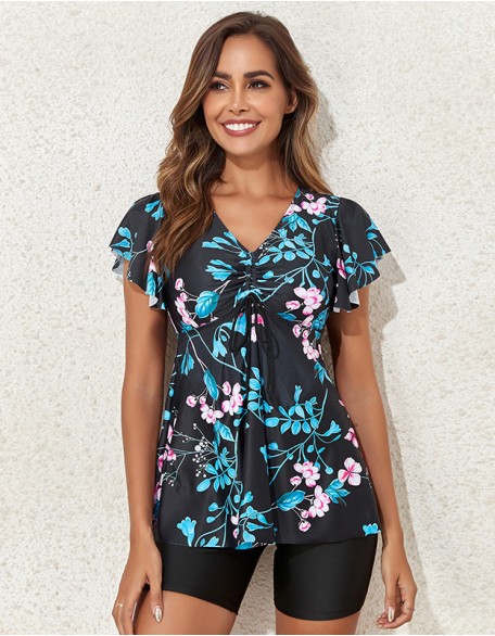 Ruffle Design Printed Tankinis V Neck Slim Split Swimsuit