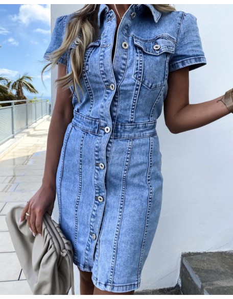 Stretch Retro Slim Hip Step Denim Dress Elegant Casual Daily Vacation Collar Button Pocket Short Sleeve Shirt Dress