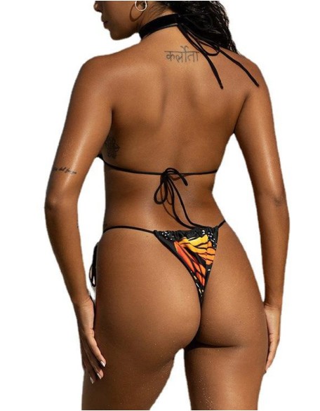 Sexy Beach Slim Bikini Swimsuit Blue Halter Summer Split Strap Butterfly Print Bathing Suits