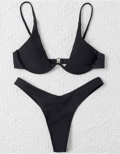 Sexy Slim Neck With Bikini Small Chest Gathered Solid Color Swimsuit