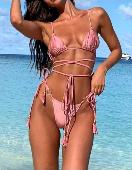 Sexy Tie Rope Bikini Two Piece Set Hollow Out Swimsuit Thong