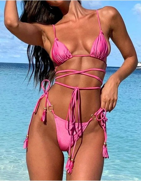 Sexy Tie Rope Bikini Two Piece Set Hollow Out Swimsuit Thong