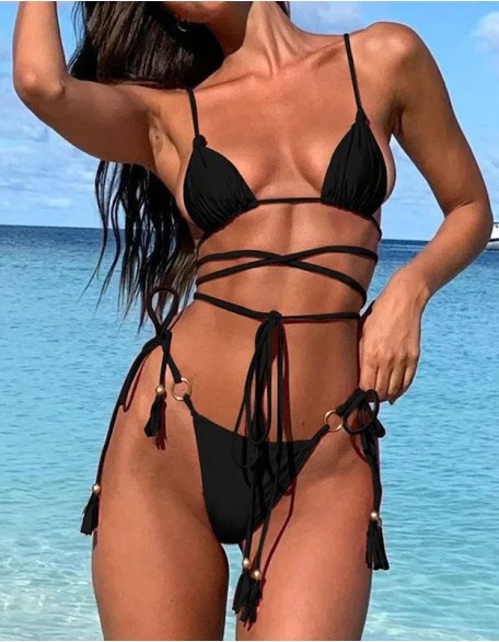 Sexy Tie Rope Bikini Two Piece Set Hollow Out Swimsuit Thong