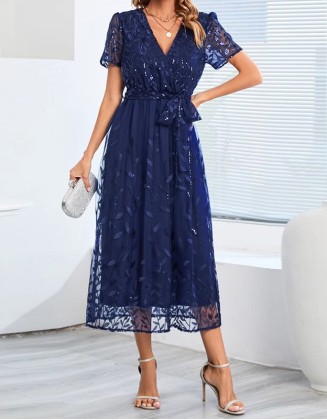 Short Sleeved Lace Up V-Neck Mid Length Dress Women'S Wedding Guest Dress Party Dress