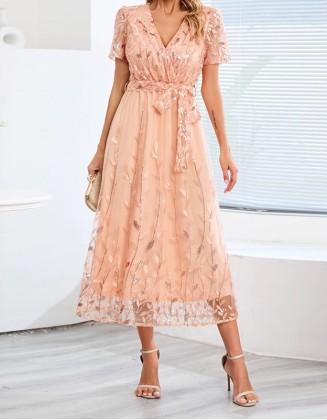 Short Sleeved Lace Up V-Neck Mid Length Dress Women'S Wedding Guest Dress Party Dress