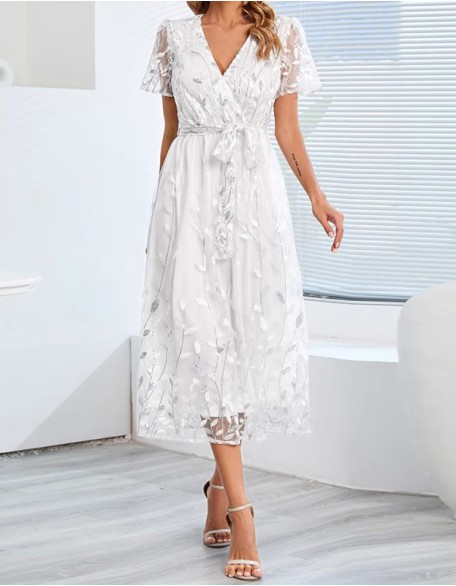 Short Sleeved Lace Up V-Neck Mid Length Dress Women'S Wedding Guest Dress Party Dress