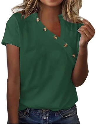 Solid Color Ladies T Shirt Irregular V Neck Button Short Sleeve