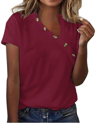 Solid Color Ladies T Shirt Irregular V Neck Button Short Sleeve
