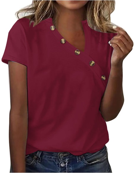 Solid Color Ladies T Shirt Irregular V Neck Button Short Sleeve