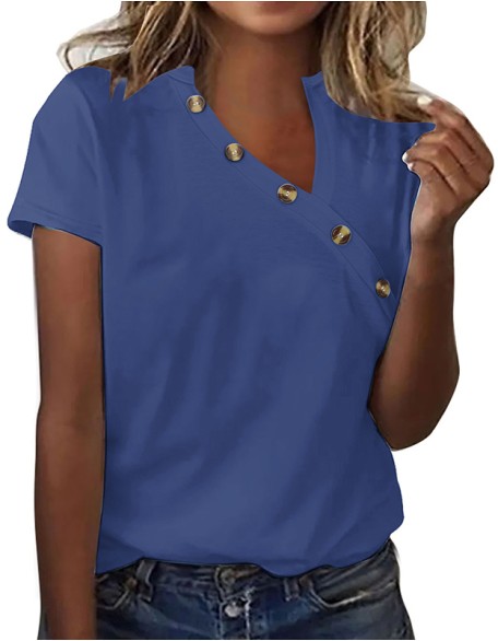 Solid Color Ladies T Shirt Irregular V Neck Button Short Sleeve