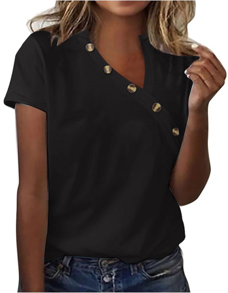 Solid Color Ladies T Shirt Irregular V Neck Button Short Sleeve