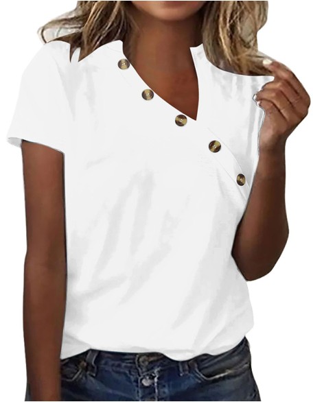 Solid Color Ladies T Shirt Irregular V Neck Button Short Sleeve