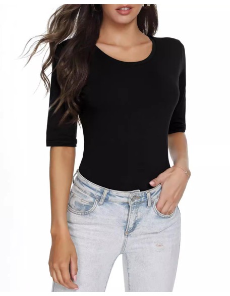 Solid Slim Fitted  Half Sleeve Basic T Shirt Cotton Round Neck Tops