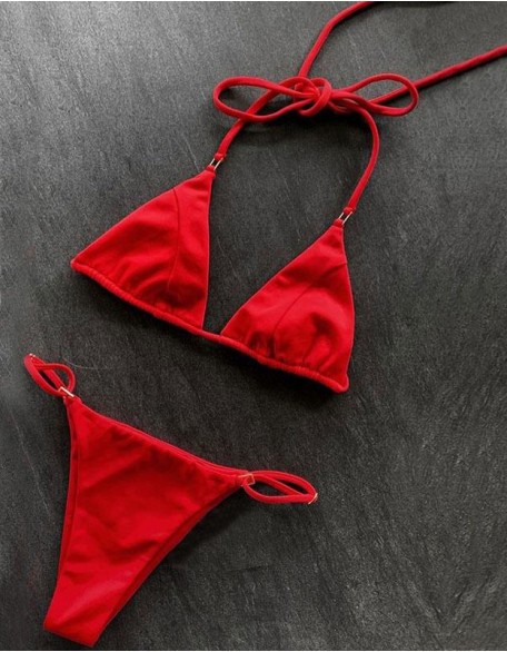 Split Slim Thong Holiday Sexy Bikini Lace Up Straps Neck Summer Beach Swimming Swimsuit