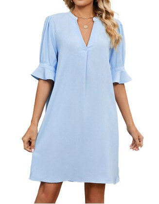 Summer New Light Blue Solid V-Neck Loose Fitting Dress for Women