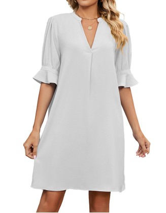 Summer New Light Blue Solid V-Neck Loose Fitting Dress for Women