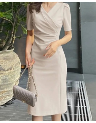  Summer V Neck Short Sleeve Work Slim Dress Casual Solid Bodycorn Knee-length  Dress Blue Beige Pink  Dark Blue