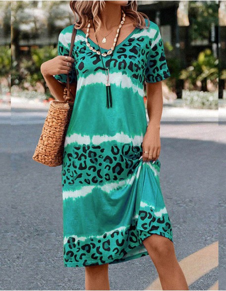 Summer New Women's Dress Women Sexy Leopard Print Short Sleeve Casual Dress