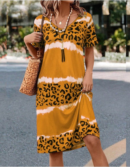 Summer New Women's Dress Women Sexy Leopard Print Short Sleeve Casual Dress