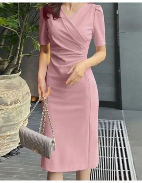  Summer V Neck Short Sleeve Work Slim Dress Casual Solid Bodycorn Knee-length  Dress Blue Beige Pink  Dark Blue