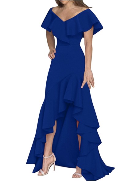 V-Neck Highwaist Ruffle Irregular Dress Short Sleeve Color Party Dress Maxi Long Dress