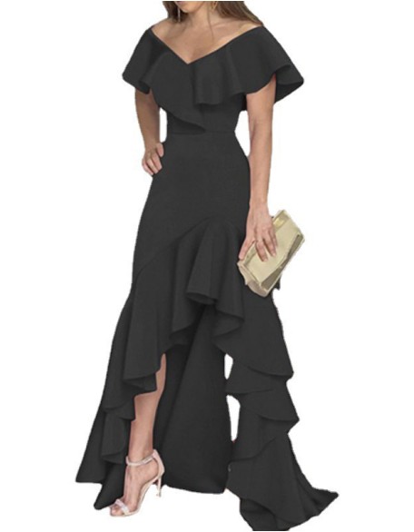 V-Neck Highwaist Ruffle Irregular Dress Short Sleeve Color Party Dress Maxi Long Dress