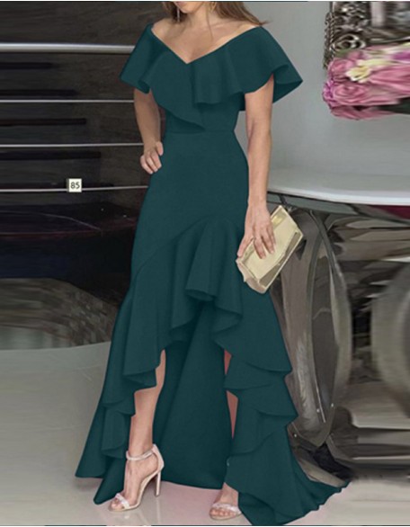 V-Neck Highwaist Ruffle Irregular Dress Short Sleeve Color Party Dress Maxi Long Dress