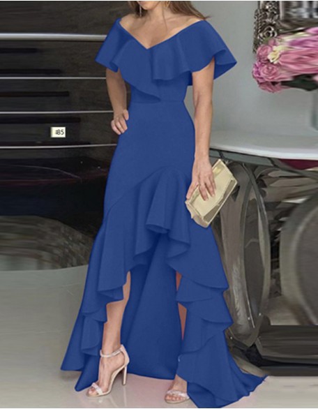 V-Neck Highwaist Ruffle Irregular Dress Short Sleeve Color Party Dress Maxi Long Dress