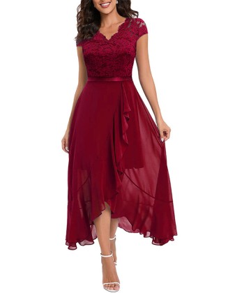 V-Neck Irregular Swing Maxi Dress Half-Sleeved Lace Party Dress