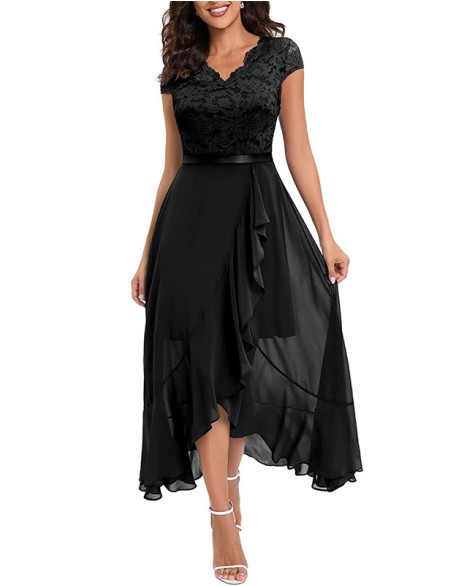 V-Neck Irregular Swing Maxi Dress Half-Sleeved Lace Party Dress