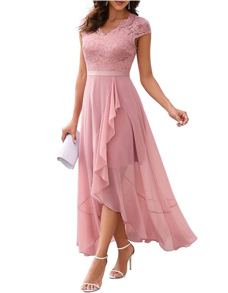 V-Neck Irregular Swing Maxi Dress Half-Sleeved Lace Party Dress
