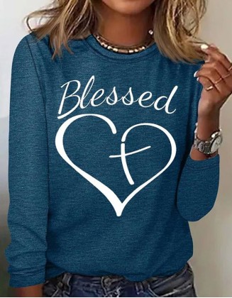 Valentine Women's Cute Peach Heart T-Shirt Regular Long Sleeve Crew Neck Printed Top