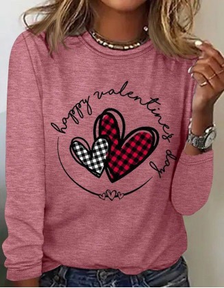 Valentine Women's Cute Peach Heart T-Shirt Regular Long Sleeve Crew Neck Printed Top