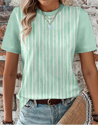 Vertical Striped Mixed Color T Shirt Printed Round Neck Short Sleeve