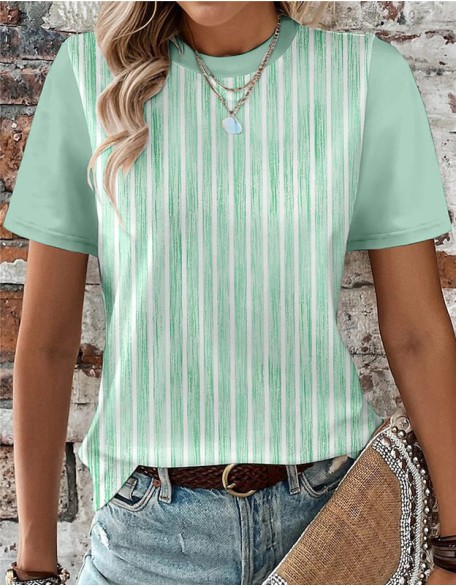 Vertical Striped Mixed Color T Shirt Printed Round Neck Short Sleeve