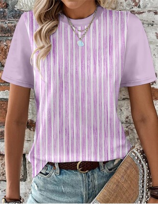 Vertical Striped Mixed Color T Shirt Printed Round Neck Short Sleeve