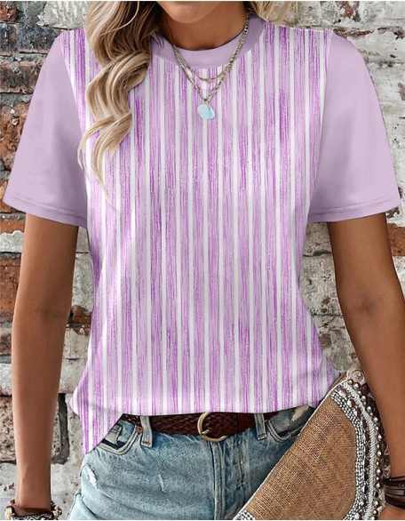 Vertical Striped Mixed Color T Shirt Printed Round Neck Short Sleeve