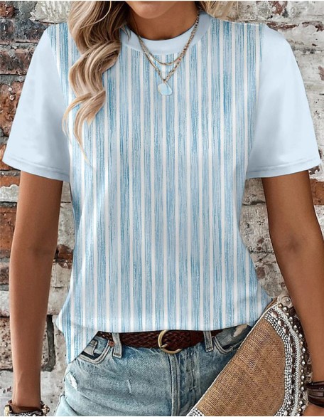 Vertical Striped Mixed Color T Shirt Printed Round Neck Short Sleeve