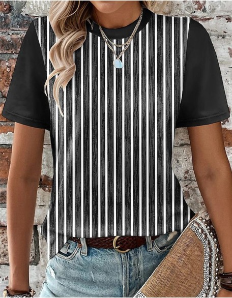 Vertical Striped Mixed Color T Shirt Printed Round Neck Short Sleeve