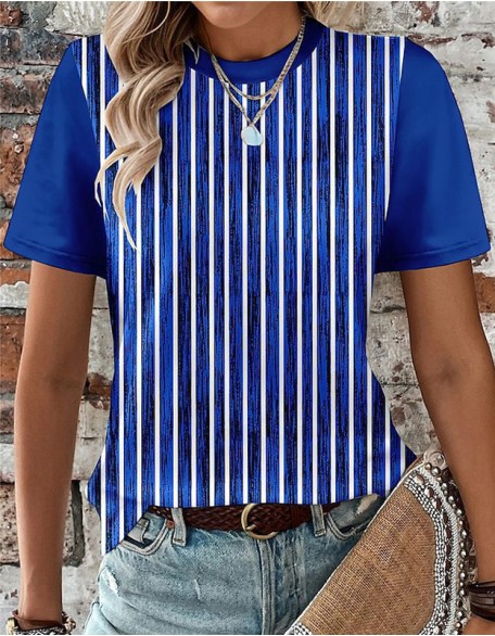 Vertical Striped Mixed Color T Shirt Printed Round Neck Short Sleeve