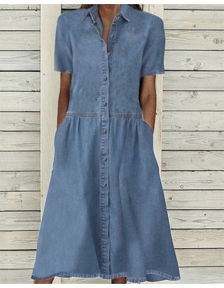 Women's Casual Dress Denim Shirt Dress Single-Breasted Maxi Longdress