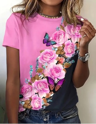 Women's Daily Butterfly Print T Shirt Casual Short Sleeve Round Neck Regular Tops