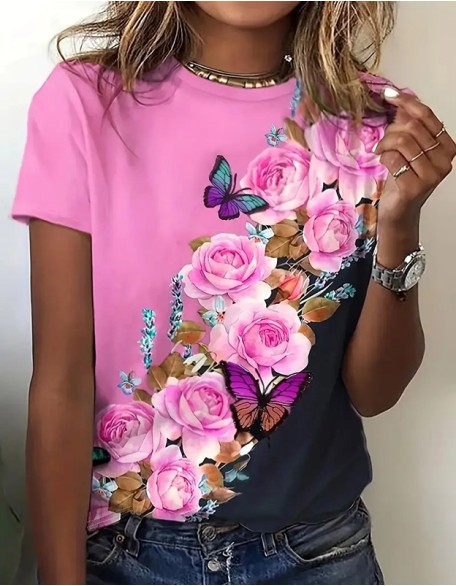Women's Daily Butterfly Print T Shirt Casual Short Sleeve Round Neck Regular Tops