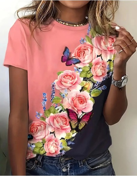 Women's Daily Butterfly Print T Shirt Casual Short Sleeve Round Neck Regular Tops