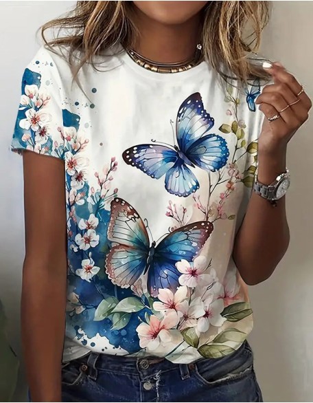 Women's Daily Butterfly Print T Shirt Casual Short Sleeve Round Neck Regular Tops